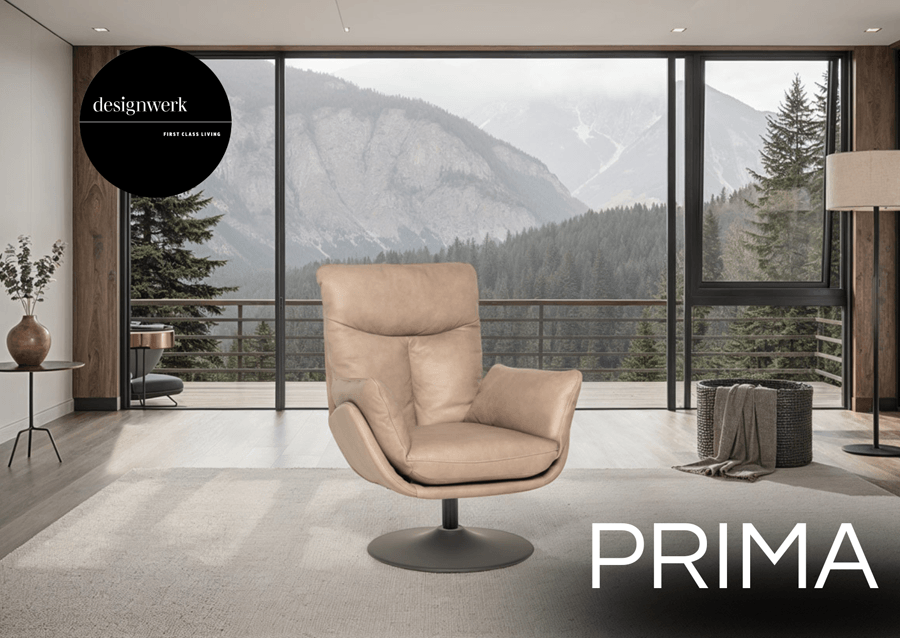 Polstersessel in grau mit Aufschrift "Prima"